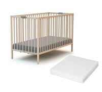 WEBABY - Lit bébé pliant en bois avec matelas Hêtre Brut 60 x 120 cm| Dès la naissance |Confort de sommeil | Sommier à lattes | Compact | Transportable | Pliable |Gain de place | Lit de voyage