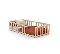 WEBABY - Lit Enfant au Sol Bois 70 x 140 cm Hêtre Brut KAÏA | avec barrières Anti-Chutes | Lit Junior | Sommier à Lattes Inclus | Autonomie | Sécurité