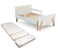 Webaby - Lit Enfant Extensible en Bois 80x140-165-190 Pirate avec Matelas - Blanc, Lit évolutif, Transformable avec 3 Longueurs, Sommier à Lattes, barrières Anti-Chutes, Compact