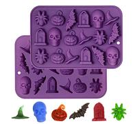 Webake Lot de 2 moules à bonbons d'Halloween en silicone à 18 cavités avec tête de mort, citrouille, sorcier, chauve-souris, araignée, pierre tombale pour la cuisson du chocolat, de la gelée, des