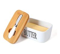 Webao Beurrier en Porcelaine, Boîte à Beurre avec Couvercle en Bambou, Conteneur Bague d'Étanchéité Silicone, Blanc
