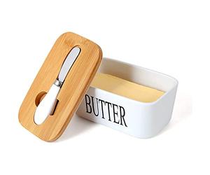 Webao Beurrier en Porcelaine, Boîte à Beurre avec Couvercle en Bambou, Conteneur Bague d'Étanchéité Silicone, Blanc