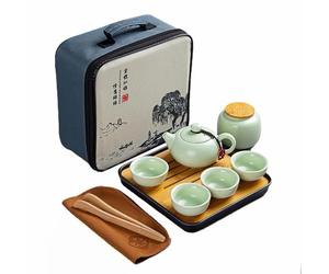 Webao Ensemble de Théière Chinois Kungfu en Céramique - Service à Thé Avec 4 Tasses, Boîte et Plateau - Cadeau Tout-en-Un Pour Thé en Vrac, Vert