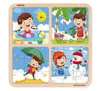 Webby 4-en-1 Seasons & Weather Puzzles pour enfants 2+ | 36 grandes pièces | Jeu en bois pour apprendre les couleurs, le climat et la créativité | Conception sûre et écologique pour jouer n’importe où