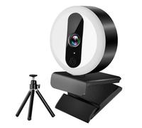Webcam 2K avec anneau lumineux de Contact, trépied, Microphone à réduction de bruit, Plug And Play, caméra USB pour ordinateur