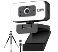Webcam 4K Ultra HD, webcam avec lumière et microphone avec réduction du bruit, couverture de la vie privée, mise au point automatique, vue à 80°, caméra pour PC/ordinateur portable/bureau, caméra USB