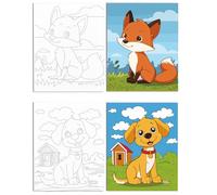 WEBEEDY 2 Pack 8x10 Inch Set de Toiles Pré-imprimées Toile à Peindre des Animaux Mignons Set de Toiles à Peindre pour le Coloriage Tableau de Peinture au Pochoir avec Peinture et Pinceaux,Chien Renard