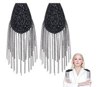 WEBEEDY 2 pièces Patchs D'Épaule en Cristal Perlé Glands en Cristal sur la Couture Noir Épaulette à la Main Épaulette Embellissement Épaulettes Gland Chaîne Épaulettes avec Pompon Suspendu