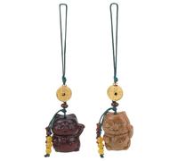 WEBEEDY 2 porte Clés de Chat Chanceux Fait à la Main en Bois de Santal Vert Sculpté à la Main Maneki Neko Chat Porte Bonheur Japonais Pendentif pour Porte Clés de Voiture Lanière 8.5cm
