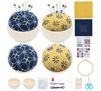 WEBEEDY 2 Sets Bricolage Kit Coussin à Epingles Sashiko Base en Bois Coussin à Epingles pour Couture Sashiko Fil et Aiguilles Kit de Broderie Main Style Japonais Porte-aiguilles(Bleu,Jaune)