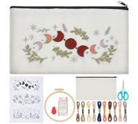 WEBEEDY 3 Ensemble de Bricolage de Trousse à Fermeture Éclair Brodée Comprenant un Motif de Lune Brodé. Cerceau à Broder Fils de Couleur et Outils pour Débutants Sac Brodé à la Main