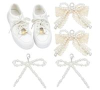 WEBEEDY 4 PCS Perle Bow Shoe Charms pour Sneakers Élégant Perle Noeud Papillon Lacets avec Anneau à Ressort Chaîne de Perles DIY Lacet de Chaussure Accessoires de Sneakers pour Femmes