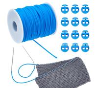 WEBEEDY 50m Support de Points de Tricot Cordes de Barbier et 12 Pcs 2 Hole Plastic Cord Locks, Blue Hollow Pipe Rubber Cords, Needle Point Protectors Knitting Accessory