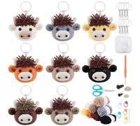 WEBEEDY 8 Kit de Crochet Vache Highland pour Débutants,Kit de Démarrage de Crochet Animaux pour Adultes avec 5 Couleurs de Fil,Rembourrage,Porte Clé,Instruction Fournitures de Tricot Cadeau
