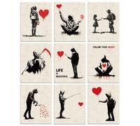 WEBEEDY 9 Affiches Banksy Style Wall Art Vintage Red Heart avec pour Décoration Murale Esthétique Graffiti Poster Boho Toile Non Encadrée pour Décoration de Chambre Bureau Maison 20x25cm