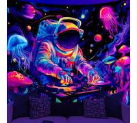 WEBEEDY Blacklight Astronaute Tapisserie DJ Musique drôle UV Tapisserie réactive Champignon Trippy Galaxy Tapisseries spatiales Wall Hanging Décor esthétique pour fête d'Halloween, 150x130cm