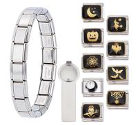 WEBEEDY Bracelet à Charmes Italien d'Halloween en Acier Inoxydable Argenté avec 9 Charmes et Outil d'Ouverture Chauves-souris Fantômes Citrouilles Sorcières Motifs Lune Bracelet à Maillons Ajustable