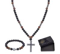 WEBEEDY Collier de Chapelet en Pierre Noire avec Ensemble de Bracelet Croix. Collier Bracelet Croix en Onyx Noir Hématite et Œil de Tigre Perles Cadeaux Chrétiens Première Communion Confirmation