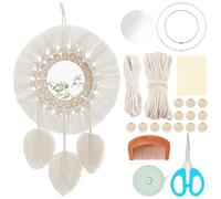 WEBEEDY DIY Macramé Miroir Mural avec Perles de Bois Pendentif Plume Tissé à la Main Macramé Boho Miroir Mural avec Instruction Art Bohémien Rond Décor Mural pour Chambre Corridor