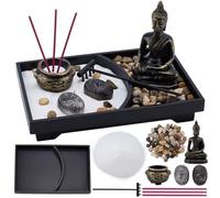 WEBEEDY Kit de Jardin Zen DIY Japonais pour Méditation de Bureau Incluant Statue de Bouddha Brûleur D'Encens Sable Pierres et Râteau pour la Décoration Zen du Bureau à Domicile 22.5x15cm