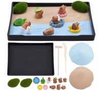 WEBEEDY Kit de Jardin Zen pour Bureau avec Capybaras Kit de Mini Bac à Sable de Bureau Amusant avec Figurines de Capybara Mousse et Sable pour Cadeau de Bureau à Domicile 21x15.7cm