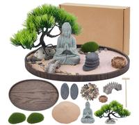 WEBEEDY Kit de Jardin Zen pour Bureau Kit d'art de Sable de Bureau Japonais avec Bouddha Arbre Bonsaï Sable et Accessoires Décoratifs Cadeau Spirituel pour Femmes et Hommes 30.6x16.5cm