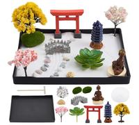 WEBEEDY Kit de Mini Jardin Zen de Méditation avec Roche Sable et Plateau pour Bureau Décoration de Relaxation Bouddha Arbre Sable Râteaux pour la Décoration de Détente du Bureau à Domicile 21x15.7cm