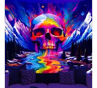WEBEEDY Noir Lumière Trippy Crâne Tapisserie Néon UV Réactif Rivière à Travers Montagne Lumineux Posters Forêt Tenture Murale Esthétique Tapisserie Poster pour Décoration d'Intérieur (150x130cm)