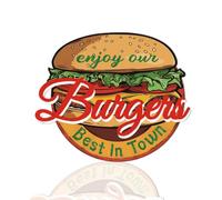 WEBEEDY Panneau Enjoy Your Burgers Panneau Vintage en fer Blanc Panneau Eat Décor Cuisine Panneaux Vintage en Fer Blanc Panneaux Food Truck à accrocher au mur, Snack Bar, Décor Cuisine, 22.7x18.8cm