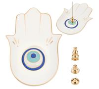 WEBEEDY Porte-Encens à Main Hamsa 4 en 1 brûleur D'Encens avec 1 Plateaux en Céramique et 3 Porte-Encens en Laiton pour Bâtons et Bobines D'Encens, Décoration de Bouddha Zen Bohème