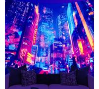 WEBEEDY Tapisserie Cyberpunk Lumière Noire Tenture Murale Neon City UV Reactive Tenture Murale Poster Fantasy Cityscape Futuristic Poster Room Decor for Home Wall Art, 150x130cm
