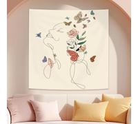 WEBEEDY Tapisserie D'arrière-plan Femme Abstraite Tissu Papillon Fleur Plante Toile de Fond Photographie Ligne Moderne Esthétique Tapisserie Tenture Murale pour Décoration Maison(130x150 cm)