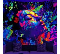 WEBEEDY Tapisserie de Déesse du Printemps Noir Lumière UV Réactive Qui Brille dans L'Obscurité Motif Bohème Floral pour Femme. Affiche Néon pour Chambre de Gamer. 150x130cm