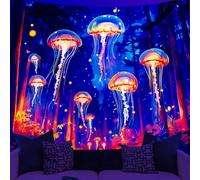 WEBEEDY Tapisserie Méduse de la Forêt de Lumière Noire Réactive aux UV Nature Arbre Tenture Murale Ciel Étoilé Fantastique Toile de Fond Esthétique pour Fête Affiches (150x130cm)