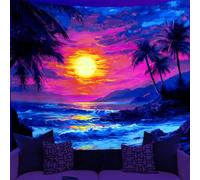 WEBEEDY Tapisserie Murale Fluorescente Coucher de Soleil Tropical Sur la Plage Réactive aux UV Paysage Marin Esthétique Affiche Noire Lumineuse pour Décor de Maison Arrière Plan de Fête 150x130cm