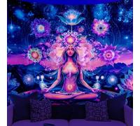 WEBEEDY Tapisserie Murale Spirituelle des 7 chakras en Lumière Noire Réactive aux UV avec Motif de Lotus Bohème pour Méditation Yoga Affiche de Planète de L'Espace Galactique Décoration(150x130cm)