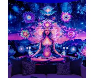 WEBEEDY Tapisserie Murale Spirituelle des 7 chakras en Lumière Noire Réactive aux UV avec Motif de Lotus Bohème pour Méditation Yoga Affiche de Planète de L'Espace Galactique Décoration(150x130cm)