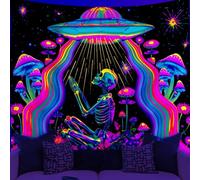 WEBEEDY Tapisserie Squelette Noir Lumière Funny UV Reactive Mushroom Floral Tapestries Alien UFO Skull Wall Hanging for Bedroom, Aesthetic Galaxy Space Posters(150x130cm)