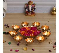 Webelkart Lot de 9 bols urli en forme de lotus Diya pour décoration de maison et Pooja, bougeoir Urli pour décoration de maison et de bureau, bols Lotus Urli (30,5 cm, doré), bougeoir Diwali