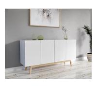 WEBER Buffet bas scandinave laqué blanc mat + piètement en bois tilleul massif - L 160 cm - HOME