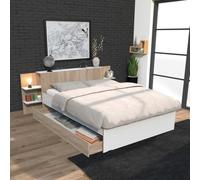 WEBER INDUSTRIES Lit City 140x190 + tête de lit Chevet + 1 tiroir/Décor Blanc & chêne Blanchi