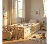 WEBER INDUSTRIES Lit Enfant 90x190 cm Nino Bois Clair | 1 sommier inclus, Barrière incluse