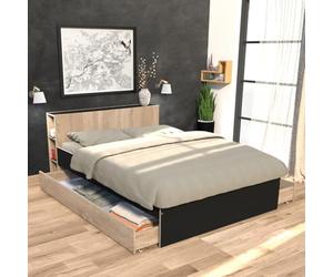 WEBER INDUSTRIES Lit Riga 140x190cm + tête de lit + 2 tiroirs/Décor Noir et Chêne Blanchi