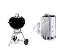Weber Original Kettle Barbecue à Charbon 57cm - E-5710 Avec Couvercle, Thermomètre, Trépied, Roues - Noir & Cheminée d'Allumage Rapidfire 20cm en Aluminium