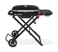 Weber Traveler barbecue à gaz/design pliable et portable avec roues, verrouillage automatique du couvercle et thermomètre intégré, 1 brûleur, largeur 111 cm, surface de cuisson 2065 cm², noir