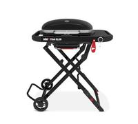 Weber Traveler Compact barbecue à gaz/design pliable et portable avec roues, verrouillage automatique du couvercle et thermomètre intégré, 1 brûleur, surface de cuisson 52 x 36 cm, noir