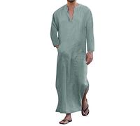 Webuyii Caftan musulman pour homme, en lin, décontracté, ethnique, musulmane, à manches longues, robes arabes saoudites du Moyen-Orient, robes avec poches, Vert, XXXXXL