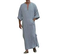 Webuyii Caftan musulman pour homme, en lin, décontracté, ethnique, musulmane, à manches longues, robes arabes saoudites du Moyen-Orient, robes avec poches, Gris/bleu., XXL