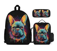 WECECE Cartable Bouledogue Français Primaire Garçons Filles avec Sac Repas et Trousse, Sac à Dos Chien Animal Léger pour École Élémentaire