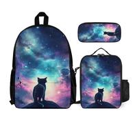 WECECE Cartable Chat de la Galaxie pour Filles Primaire CE2 CM1 CM2, Sac D'école Chaton Filles 3 Pièces avec Sacs à Lunch et Trousse, Sac à Dos Loisir pour Enfants Mignon, Sacs Ecole Fille Collège